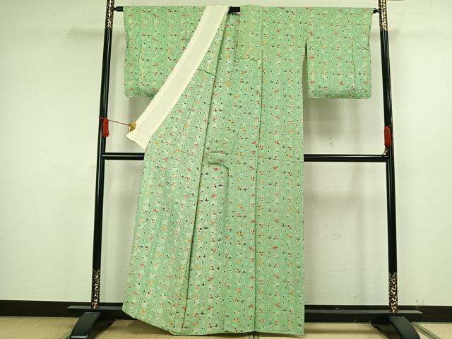 平和屋着物▽上質な小紋 単衣 型染め 花鳥文 鬼しぼ縮緬 正絹 逸品 AAAW1742fy