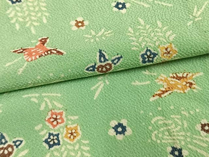 平和屋着物▽上質な小紋 単衣 型染め 花鳥文 鬼しぼ縮緬 正絹 逸品 AAAW1742fy