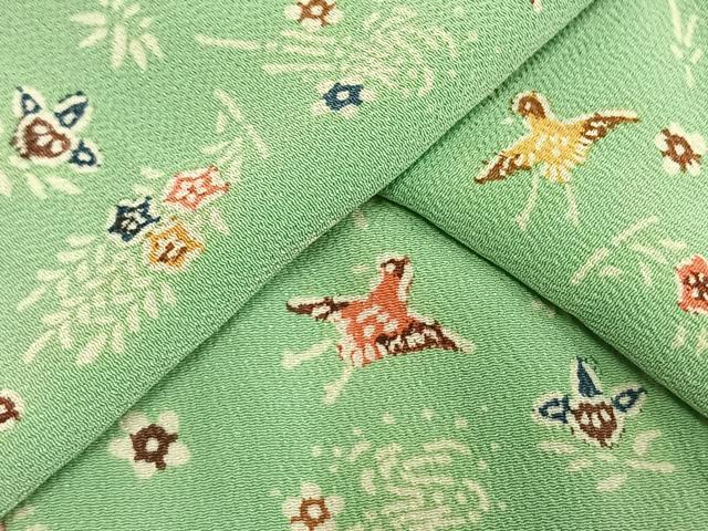 平和屋着物▽上質な小紋 単衣 型染め 花鳥文 鬼しぼ縮緬 正絹 逸品 AAAW1742fy