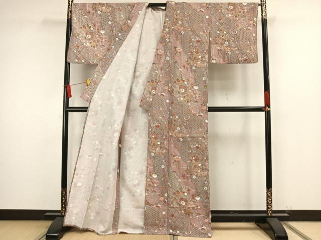 平和屋着物▽小紋　単衣　花鳥文　金彩　洗える着物　AAAW1748fy