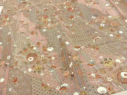 平和屋着物▽小紋　単衣　花鳥文　金彩　洗える着物　AAAW1748fy