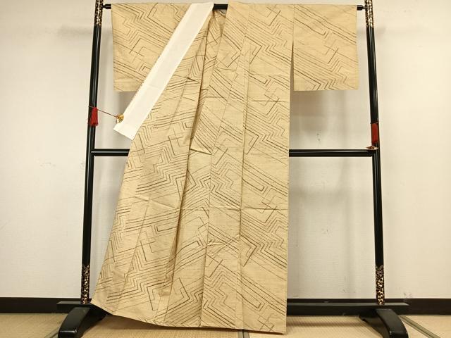 平和屋着物▽上質な紬 単衣 幾何学文様 正絹 逸品 未使用 AAAW1753fy