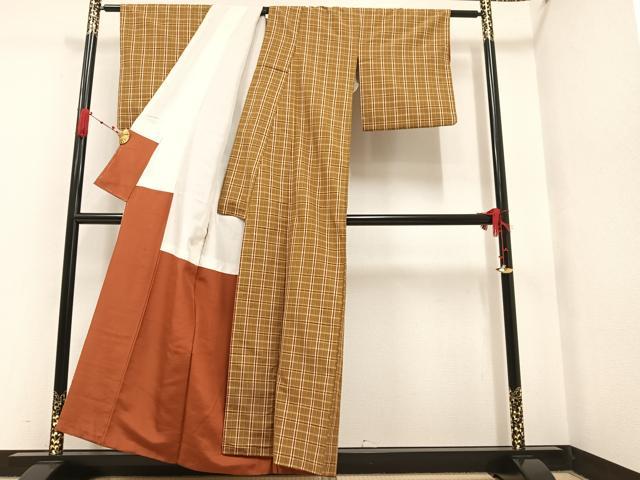 平和屋着物●上質な紬 格子 正絹 逸品 AAAW1803ph