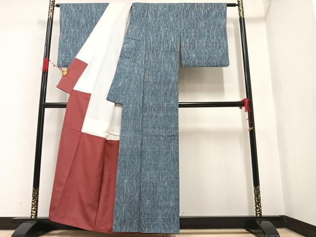 平和屋着物●上質な紬　麻の葉文様　正絹　逸品　AAAW1805ph
