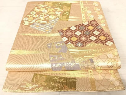 平和屋着物◎六通柄袋帯　唐織　色紙重ね花文　金糸　正絹　逸品　AAAW2325yx