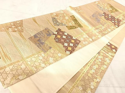 平和屋着物◎六通柄袋帯　唐織　色紙重ね花文　金糸　正絹　逸品　AAAW2325yx