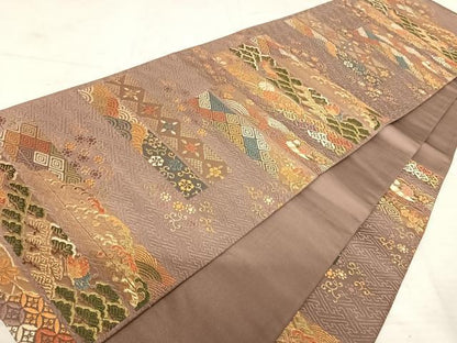 平和屋着物◎六通柄袋帯 唐織 横段花文 金糸 正絹 逸品 AAAW2329yx