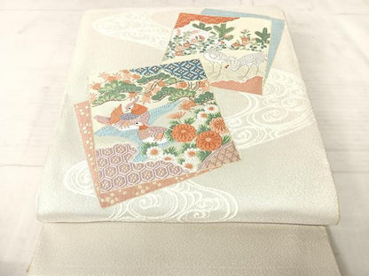 平和屋着物◎綴れ 太鼓柄袋帯 唐織 花鳥文 金糸 銀通し地 正絹 逸品 AAAW2347yx