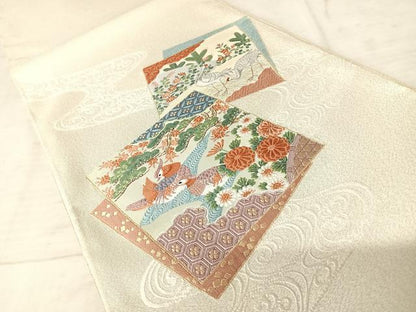 平和屋着物◎綴れ 太鼓柄袋帯 唐織 花鳥文 金糸 銀通し地 正絹 逸品 AAAW2347yx