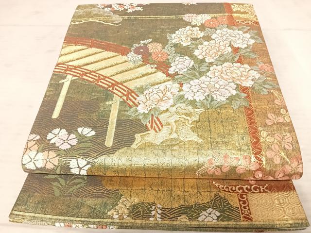 平和屋着物◎六通柄袋帯　唐織　渡橋草花文　金糸　正絹　逸品　AAAW2365yx