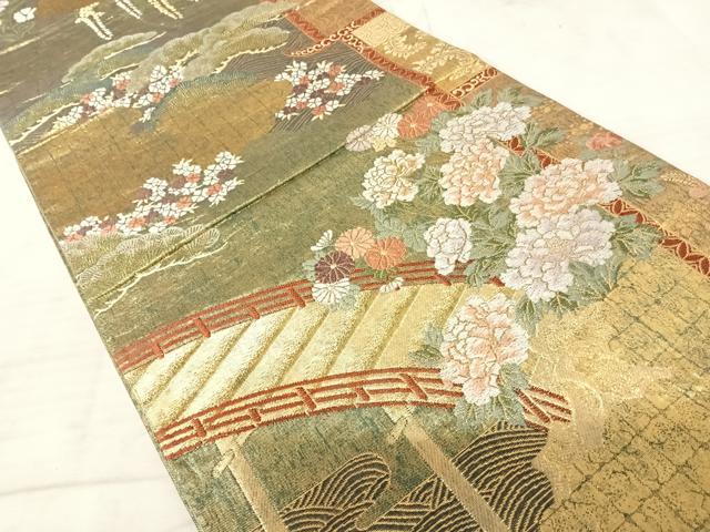 平和屋着物◎六通柄袋帯　唐織　渡橋草花文　金糸　正絹　逸品　AAAW2365yx