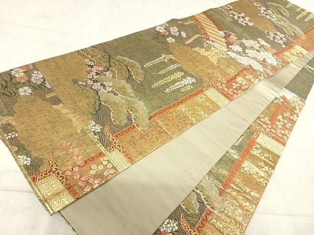 平和屋着物◎六通柄袋帯　唐織　渡橋草花文　金糸　正絹　逸品　AAAW2365yx