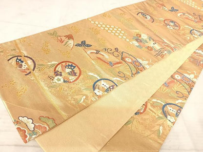 平和屋着物◎佐賀錦 六通柄袋帯 花蝶文 鳥 金糸 正絹 逸品 AAAW2433yx