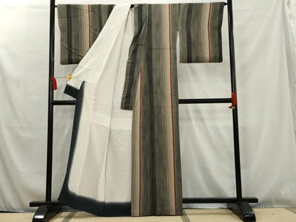 平和屋着物●上質な小紋　縞　鬼しぼ縮緬　正絹　逸品　AAAW2625cs