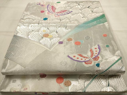 平和屋着物◎六通柄袋帯 唐織 花蝶文 銀糸 正絹 逸品 AAAW2732dt
