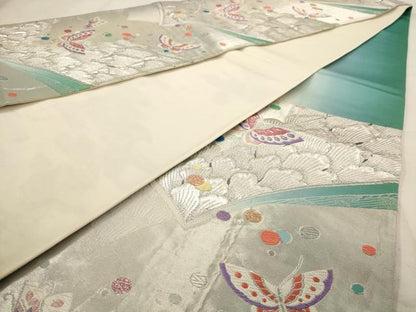 平和屋着物◎六通柄袋帯 唐織 花蝶文 銀糸 正絹 逸品 AAAW2732dt