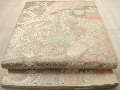 平和屋着物◎六通柄袋帯 地紙花文 銀糸 正絹 逸品 AAAW2733dt