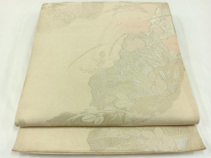 平和屋着物＊夏物　六通柄袋帯　流水草花文　銀糸　正絹　逸品　AAAW3068jh