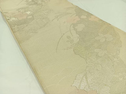 平和屋着物＊夏物　六通柄袋帯　流水草花文　銀糸　正絹　逸品　AAAW3068jh