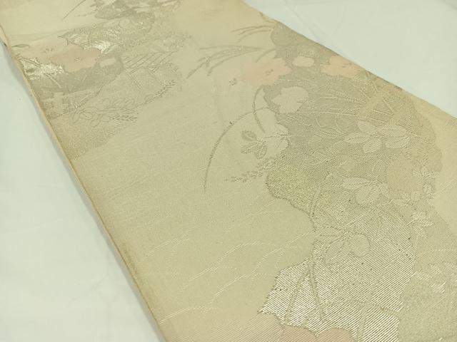 平和屋着物＊夏物　六通柄袋帯　流水草花文　銀糸　正絹　逸品　AAAW3068jh