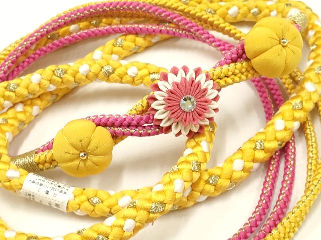 平和屋着物●和装小物　振袖用帯締め　つまみ細工　ちりめん細工　ラインストーン　金糸　逸品　未使用　AAAW3391ay