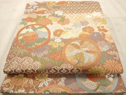 平和屋着物◎六通柄袋帯　唐織　雲取花の丸　金糸　正絹　逸品　AAAW3620dt