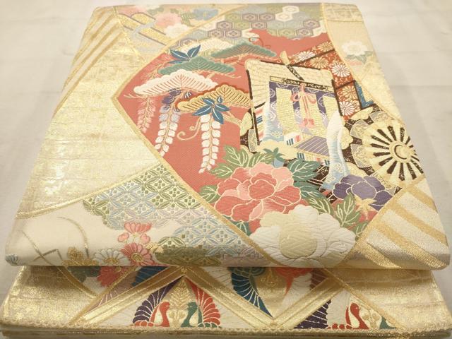 平和屋着物◎六通柄袋帯　唐織　九百錦　扇華豊麗文　金糸　正絹　逸品　AAAW3625dt