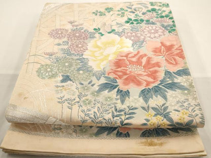 平和屋着物◎六通柄袋帯 唐織 草花文 銀糸 正絹 逸品 AAAW3657dt