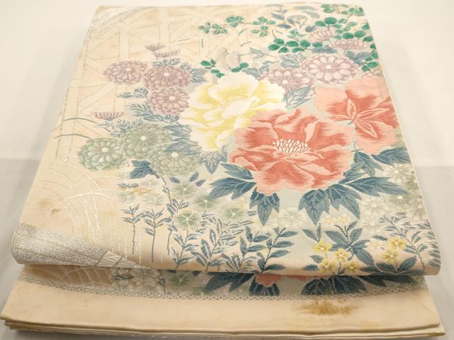 平和屋着物◎六通柄袋帯 唐織 草花文 銀糸 正絹 逸品 AAAW3657dt