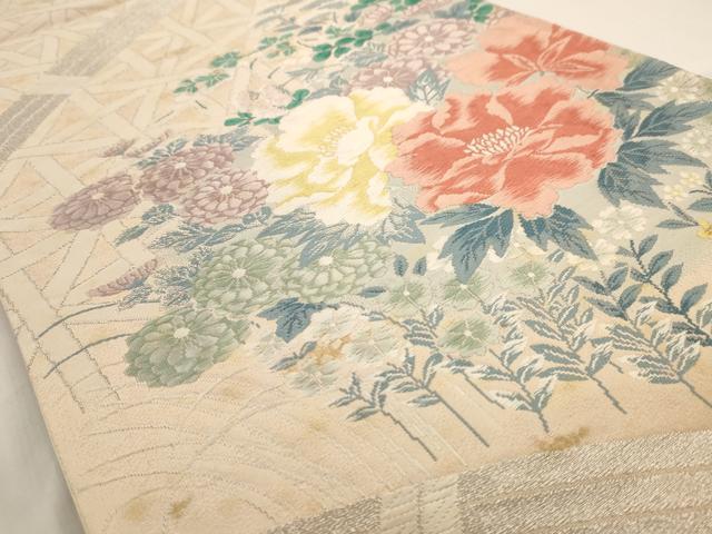 平和屋着物◎六通柄袋帯 唐織 草花文 銀糸 正絹 逸品 AAAW3657dt
