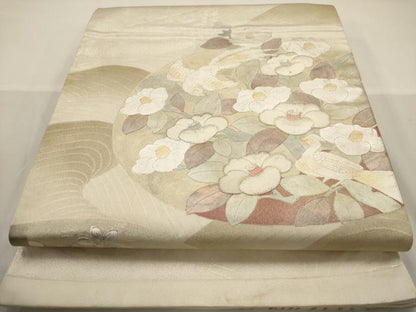 平和屋着物◎太鼓柄袋帯　駒刺繍　花鳥文　金銀彩　正絹　逸品　AAAW3672dt