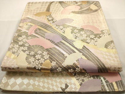 平和屋着物◎佐賀錦　六通柄袋帯　扇面花文　金銀糸　正絹　逸品　AAAW3677dt