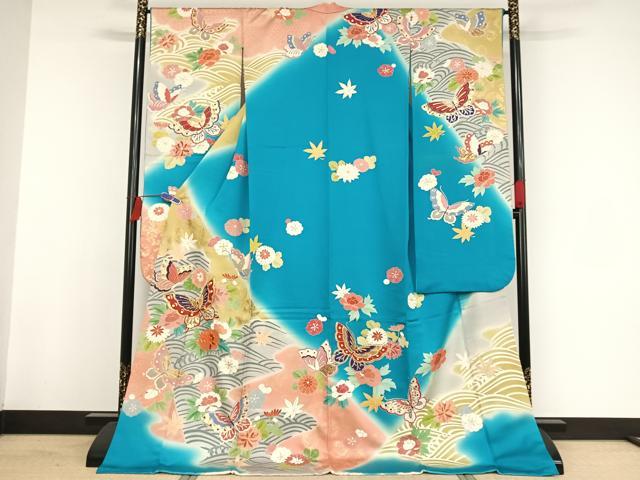 平和屋着物●創業460年・千總 振袖 駒刺繍 花蝶文 暈し染め 金糸 金彩 銀通し地 正絹 逸品 AAAW4011np
