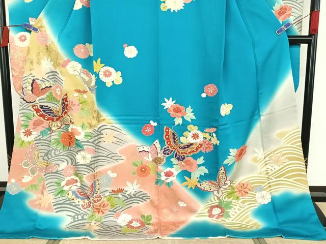 平和屋着物●創業460年・千總 振袖 駒刺繍 花蝶文 暈し染め 金糸 金彩 銀通し地 正絹 逸品 AAAW4011np