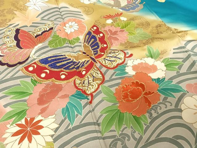 平和屋着物●創業460年・千總 振袖 駒刺繍 花蝶文 暈し染め 金糸 金彩 銀通し地 正絹 逸品 AAAW4011np