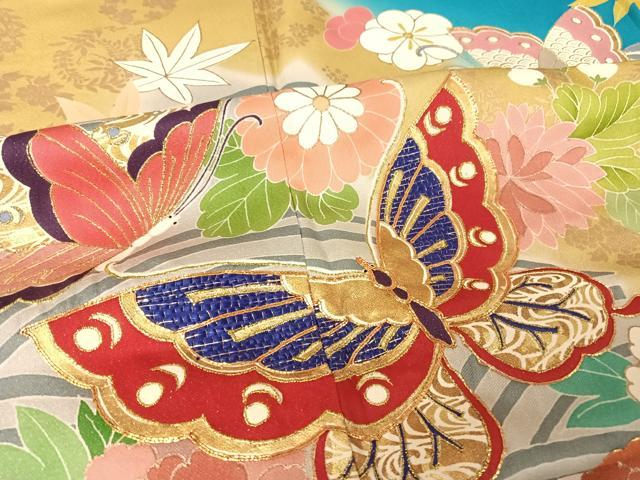 平和屋着物●創業460年・千總 振袖 駒刺繍 花蝶文 暈し染め 金糸 金彩 銀通し地 正絹 逸品 AAAW4011np