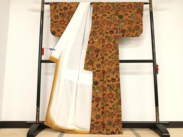 平和屋着物●上質な小紋　更紗鳥獣文　鬼しぼ縮緬　正絹　逸品　AAAW4012np