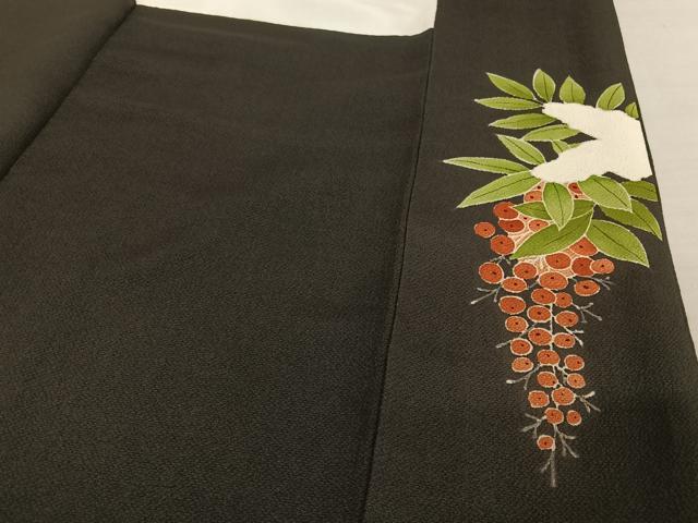 平和屋着物●訪問着　雪持ち南天　黒地　鬼しぼ縮緬　正絹　逸品　AAAW4032np