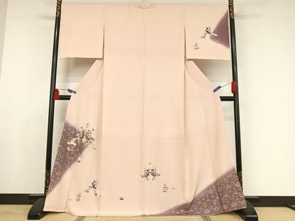 平和屋着物●訪問着 刺繍 双鳥花文 暈し染め 金銀彩 貝紫 さが美扱い 正絹 逸品 AAAW4035np