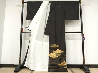 平和屋着物●豪華黒留袖 作家物 紬地 手描き 金彩 金通し地 正絹 逸品 AAAW4054np