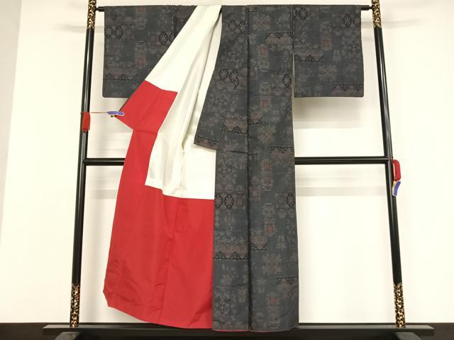 平和屋着物●本場大島紬　カタス７マルキ　更紗花文　正絹　逸品　AAAW4075np