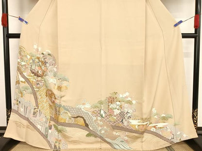 平和屋着物●豪華色留袖　友禅　駒刺繍　雪輪花文　金糸　金彩　正絹　逸品　未使用　AAAW4078np