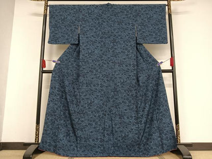 平和屋着物●本藍　型絵染　小紋　流水草花文　正絹　逸品　AAAW4080np