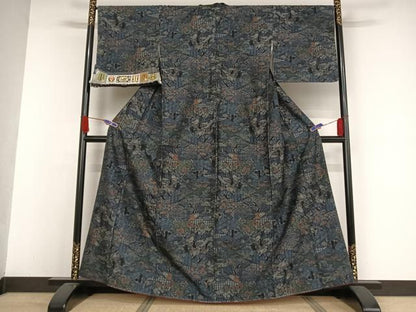 平和屋着物●本場本真綿結城紬 100亀甲 人物風景花文 やまと誂製 証紙付き 正絹 逸品 未使用 AAAW4081np