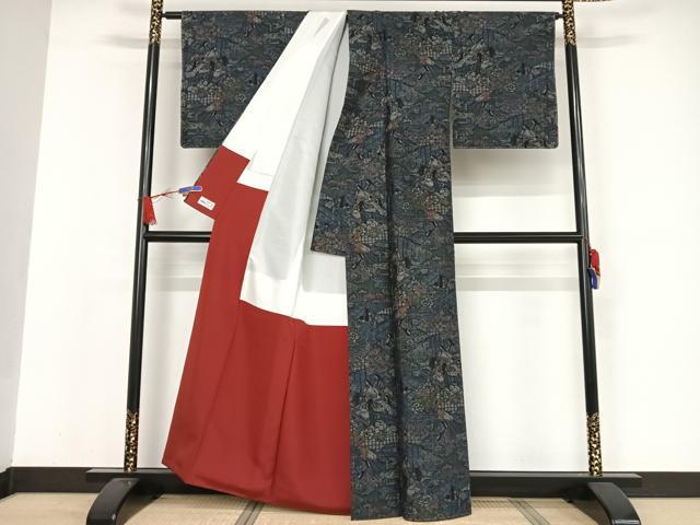 平和屋着物●本場本真綿結城紬 100亀甲 人物風景花文 やまと誂製 証紙付き 正絹 逸品 未使用 AAAW4081np