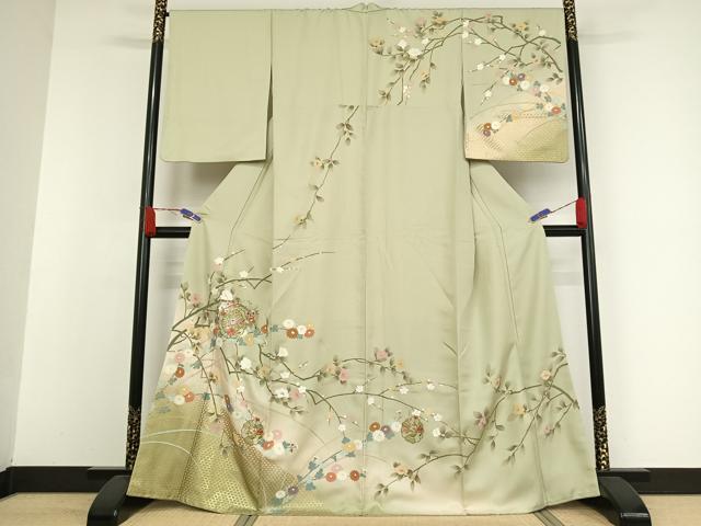 平和屋着物●訪問着 中国三大刺繍 汕頭刺繍 スワトウ刺繍 雪輪枝花文 暈し染め 金彩 正絹 逸品 AAAW4107np