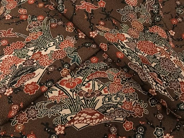 平和屋着物●上質な小紋 型染め 遠山花鳥文 鬼しぼ縮緬 正絹 逸品 AAAW4155np