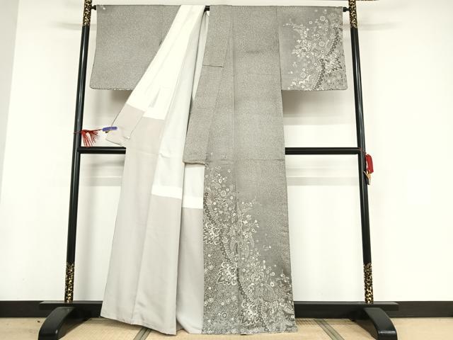 平和屋着物●織の紋意匠 池川禎亮 訪問着 お召地 天目織 更紗花文 銀通し地 さが美扱い 正絹 逸品 AAAW4175np