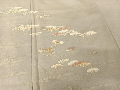 平和屋着物●銀座きしや　訪問着　結城紬地　駒刺繍　流水草花文　松　金糸　金彩　正絹　逸品　AAAW4184np
