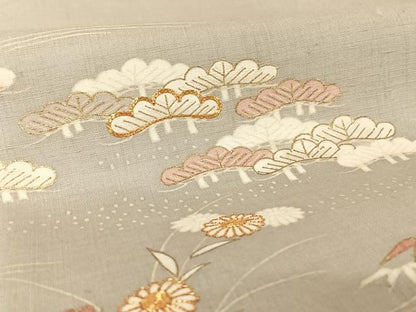 平和屋着物●銀座きしや　訪問着　結城紬地　駒刺繍　流水草花文　松　金糸　金彩　正絹　逸品　AAAW4184np